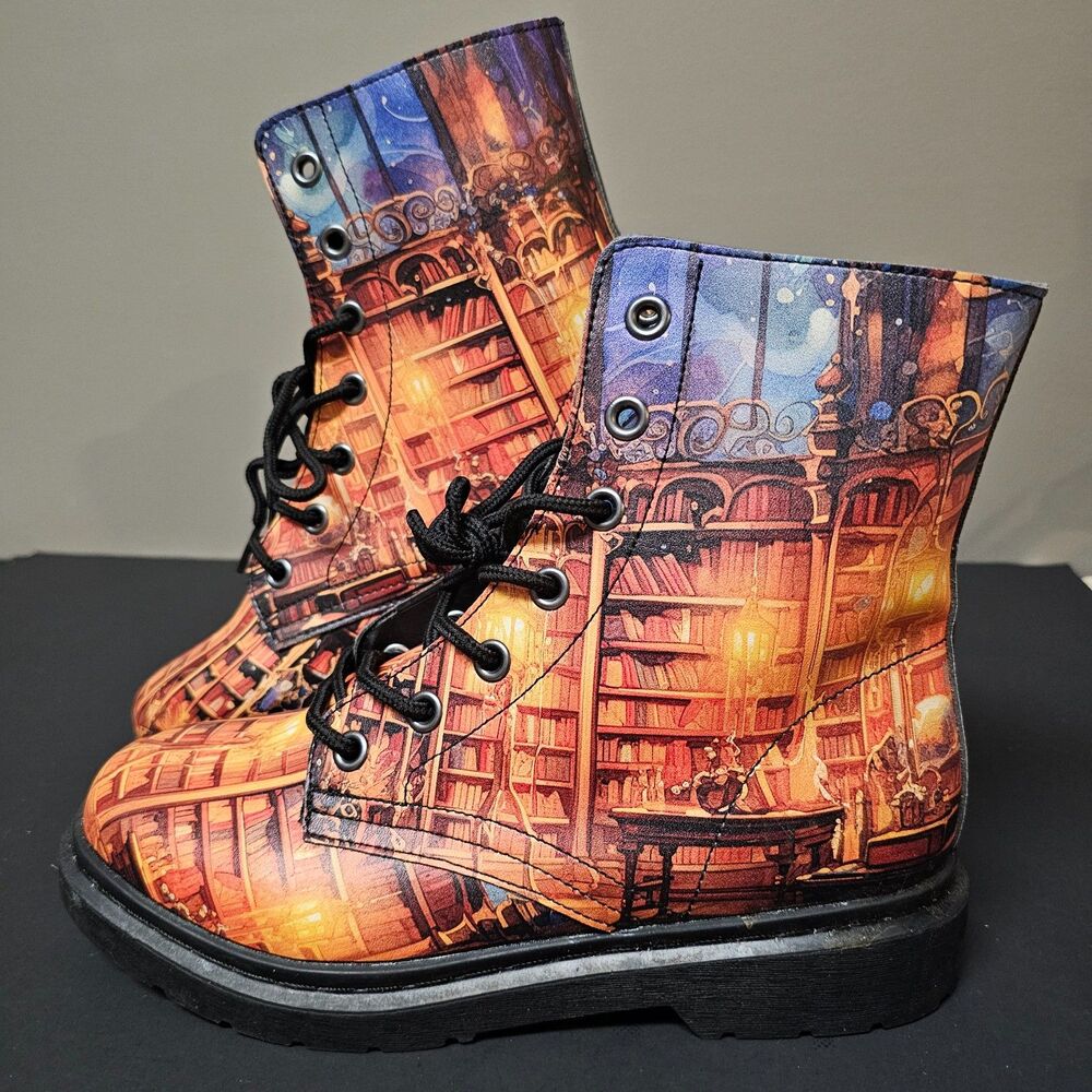Offbeat Sweetie Library Lace Up Combat Boots Bookcase Unisex 7M 8.5W 40